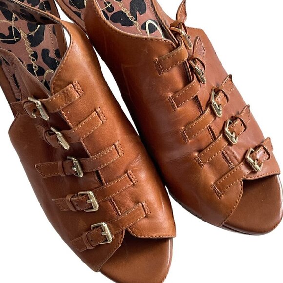 Jessica Simpson Brown Leather Buckle Wedge Platform Sandals Size 7.5 - Picture 2 of 10